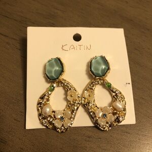 Kaitin Gold and Light Teal Blue Floral Earrings